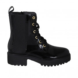 Botin con cremallera, cordones y elastico para mujer en charol negro tacon 4 - Tallas disponibles:  32, 33