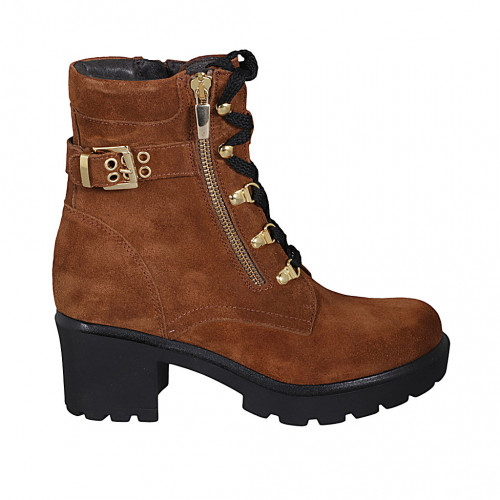 Botin para mujer con cordones, hebillas y cremalleras en gamuza cognac tacon 6 - Tallas disponibles:  33, 43, 44