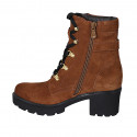 Botin para mujer con cordones, hebillas y cremalleras en gamuza cognac tacon 6 - Tallas disponibles:  33, 43, 44