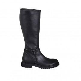 Bota para mujer con cremalleras y tachuelas en piel negra tacon 4 - Tallas disponibles:  42, 44, 45