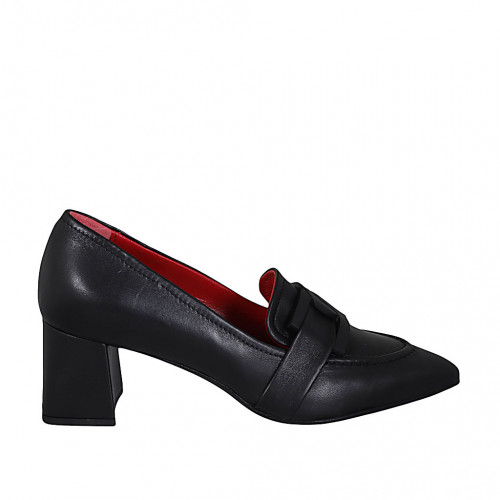 Mocasin à bout pointu pour femmes avec accessoire en cuir noir talon 6 - Pointures disponibles:  42, 44, 45