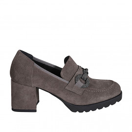 Woman's mocassin with accessory in taupe suede heel 6 - Available sizes:  44, 45