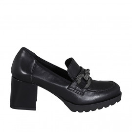 Woman's loafer in black leather with accessory and heel 6 - Available sizes:  44