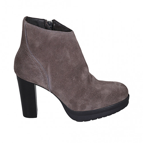 Botines con cremallera para mujeres con plataforma en gamuza gris pardo tacon 10 - Tallas disponibles:  33, 42, 43, 44