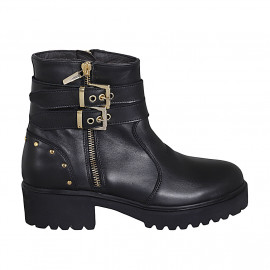 Botin para mujer con tachuelas, hebillas y cremalleras en piel negra tacon 4 - Tallas disponibles:  32