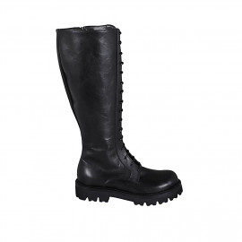 Woman's laced combat boot with zipper in black leather heel 3 - Available sizes:  32, 44