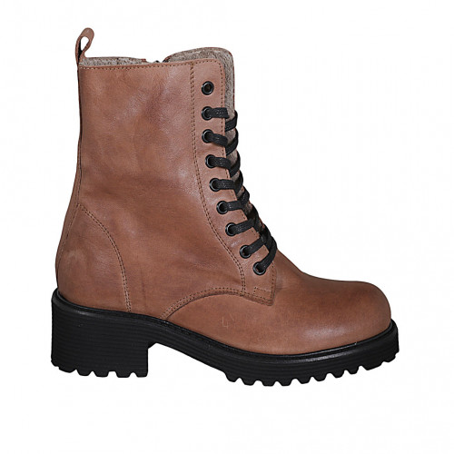 Botin para mujer con cordones, forro en pelaje y cremallera en piel brun claro tacon 5 - Tallas disponibles:  42