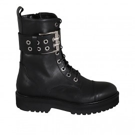 Bottines pour femmes avec lacets, bout droit, boucles et fermeture éclair en cuir noir talon 4 - Pointures disponibles:  32