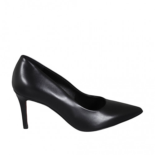 Women's pointy pump in black-colored leather heel 7 - Available sizes:  44