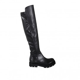 Woman's over-the-knee boot in black leather and elastic material heel 4 - Available sizes:  33, 34