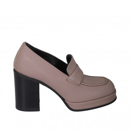 Woman's loafer in matt nude leather with platform heel 9 - Available sizes:  32, 33, 42