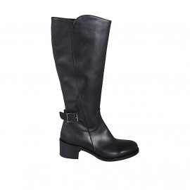 Woman's boot with buckle and zipper in black leather with heel 5 - Available sizes:  33, 43