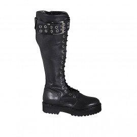 Woman's laced boot with zipper and buckle in black leather with heel 4 - Available sizes:  32, 33, 43