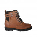 Botin para mujer con cordones, elasticos, hebillas y cremallera en piel cognac tacon 3 - Tallas disponibles:  44