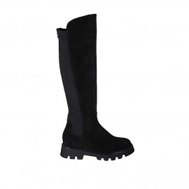 Botas a la rodilla para mujer en gamuza y tejido elastico negro con media cremallera y cremallera trasera tacon 4 - Tallas disponibles:  32, 33, 34, 43, 44, 45