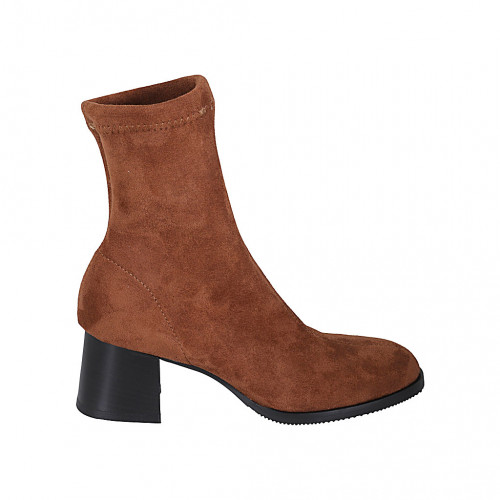 Botines para mujer en gamuza y material elastico cognac tacon 5 - Tallas disponibles:  33, 43, 45