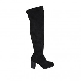 Botas sobre la rodilla para mujer en gamuza y material elastico negro con media cremallera tacon 7 - Tallas disponibles:  33, 34, 42, 43