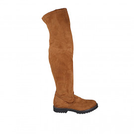 Botas a la rodilla para mujer en gamuza y material elastico brun claro con media cremallera tacon 3 - Tallas disponibles:  42, 43