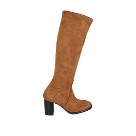 Woman's boot with half zipper in tan brown suede and elastic material heel 7 - Available sizes:  32, 34, 42, 43, 44