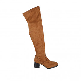 Botas sobre la rodilla para mujer en gamuza y material elastico brun claro con media cremallera tacon 5 - Tallas disponibles:  32, 34, 43