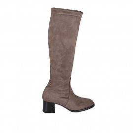 Woman's boot with half zipper in taupe suede and elastic material heel 5 - Available sizes:  33, 42