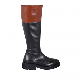 Bota para mujer en piel negra y brun claro con cremallera tacon 4 - Tallas disponibles:  33, 42