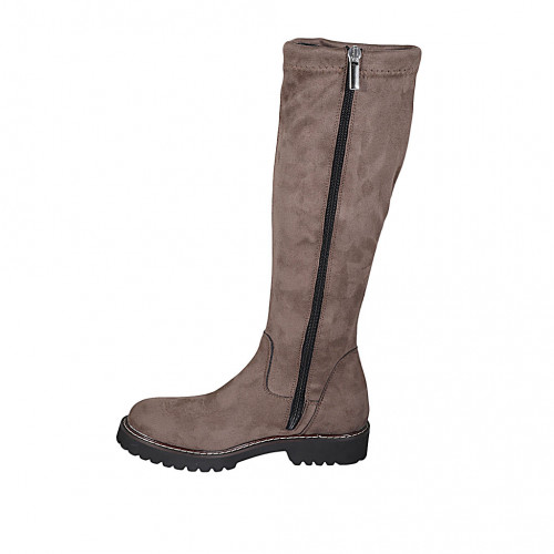 Botas para mujer con cremallera en gamuza y material elastico gris pardo tacon 3