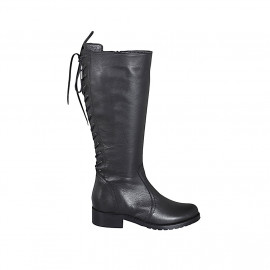 Woman's boot with zipper and backside laces in black leather heel 3 - Available sizes:  32