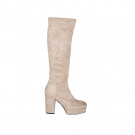 Woman's boot in beige suede and elastic material with platform and zipper heel 10 - Available sizes:  42, 43