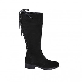 Woman's boot with zipper and backside laces in black suede heel 3 - Available sizes:  32, 43