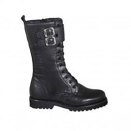 Bottes pour femmes avec lacets, boucles et fermeture éclair en cuir noir avec talon 3 - Pointures disponibles:  32