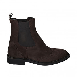 Men's elegant ankle boot with zippers and Brogue decorations in brown suede - Available sizes:  37, 38, 47