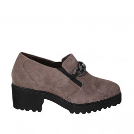 Woman's mocassin with chain, elastics and removable insole in taupe suede heel 5 - Available sizes:  42