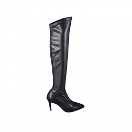 Woman's over-the-knee pointy boot in black leather and elastic material heel 7 - Available sizes:  33, 42