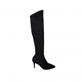 Bottes à bout pointu au-dessus de genou pour femmes en daim et materiau elastique noir talon 7 - Pointures disponibles:  33, 42, 43