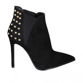 Botines a punta para mujer con elasticos y tachuelas en gamuza negra tacon 10 - Tallas disponibles:  32, 33, 42, 43