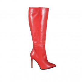 Woman's pointy boot with zipper in red leather heel 10 - Available sizes:  32, 33, 42