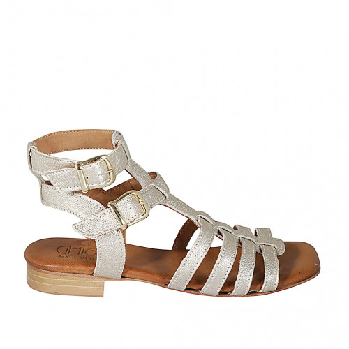 Woman's sandal with buckles in platinum laminated leather heel 2 - Available sizes:  33