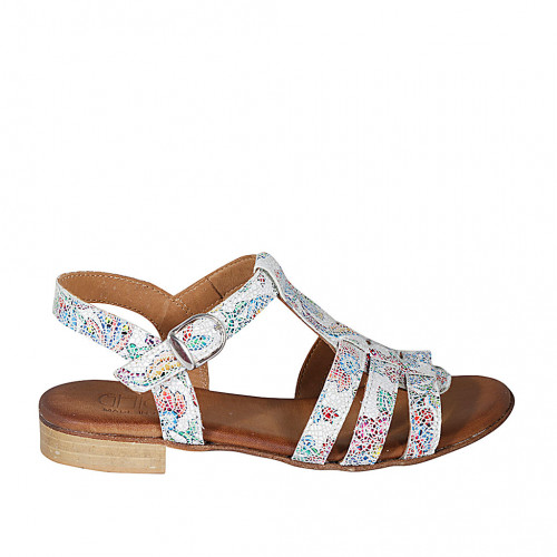 Woman's strap sandal in white multicolored mosaic printed leather heel 2 - Available sizes:  32, 33, 42, 43, 44