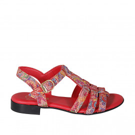 Woman's strap sandal in red multicolored mosaic printed leather heel 2 - Available sizes:  32, 43