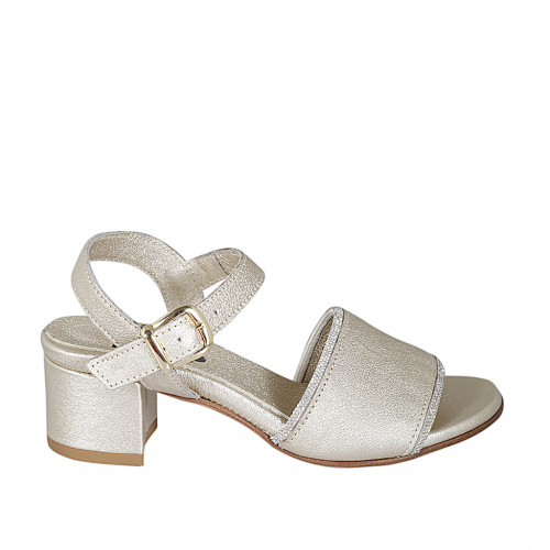 Woman's sandal with strap and rhinestones in platinum laminated leather heel 5 - Available sizes:  42