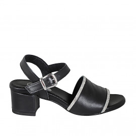 Woman's sandal in black leather with strap and rhinestones heel 5 - Available sizes:  32, 43, 44, 45