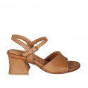 Woman's strap sandal in cognac brown leather heel 6 - Available sizes:  43