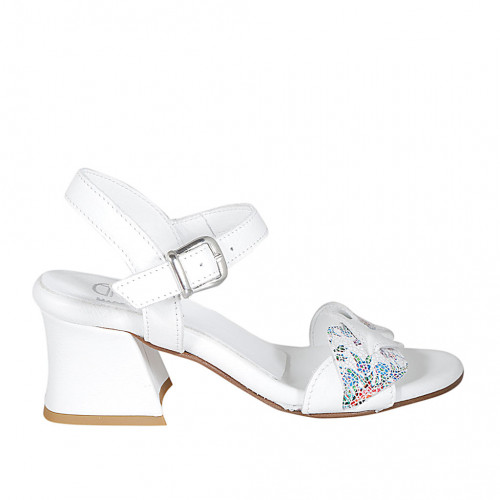 Woman's strap sandal in white and multicolored mosaic printed leather heel 6 - Available sizes:  32, 42, 43, 44, 45