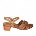 Woman's sandal with crossed straps in cognac brown leather heel 4 - Available sizes:  32, 44