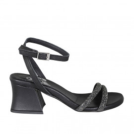 Sandale pour femmes en cuir noir avec courroie à la cheville et strass talon 6 - Pointures disponibles:  33, 34, 45