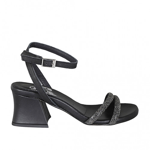 Woman's sandal in black leather with ankle strap and rhinestones heel 6 - Available sizes:  33, 34, 45