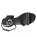 Woman's sandal in black leather with ankle strap and rhinestones heel 6 - Available sizes:  33, 34, 45