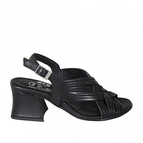 Woman's sandal with crossed straps in black leather heel 6 - Available sizes:  33, 34, 42, 45