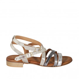 Woman's sandal with ankle straps in platinum and silver laminated leather with heel 2 - Available sizes:  32